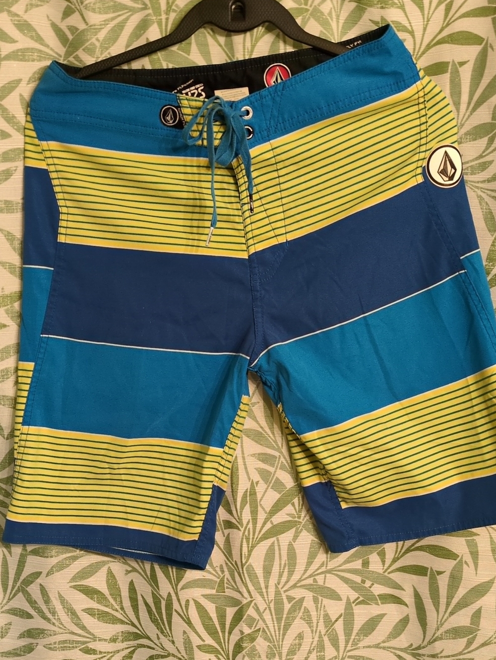 Volcom Men’s Blue & Lime Stripe Board Shorts